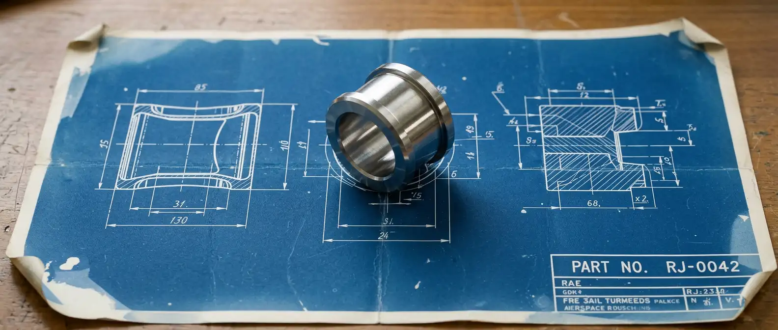 Machined bushing resting on its engineering drawing