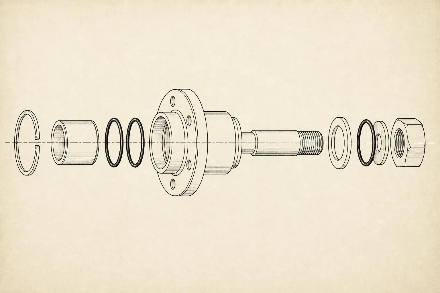 Exploded isometric line drawing of a precision assembly