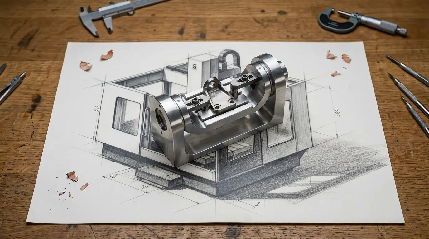 Graphite sketch of a vertical machining center and its fixture