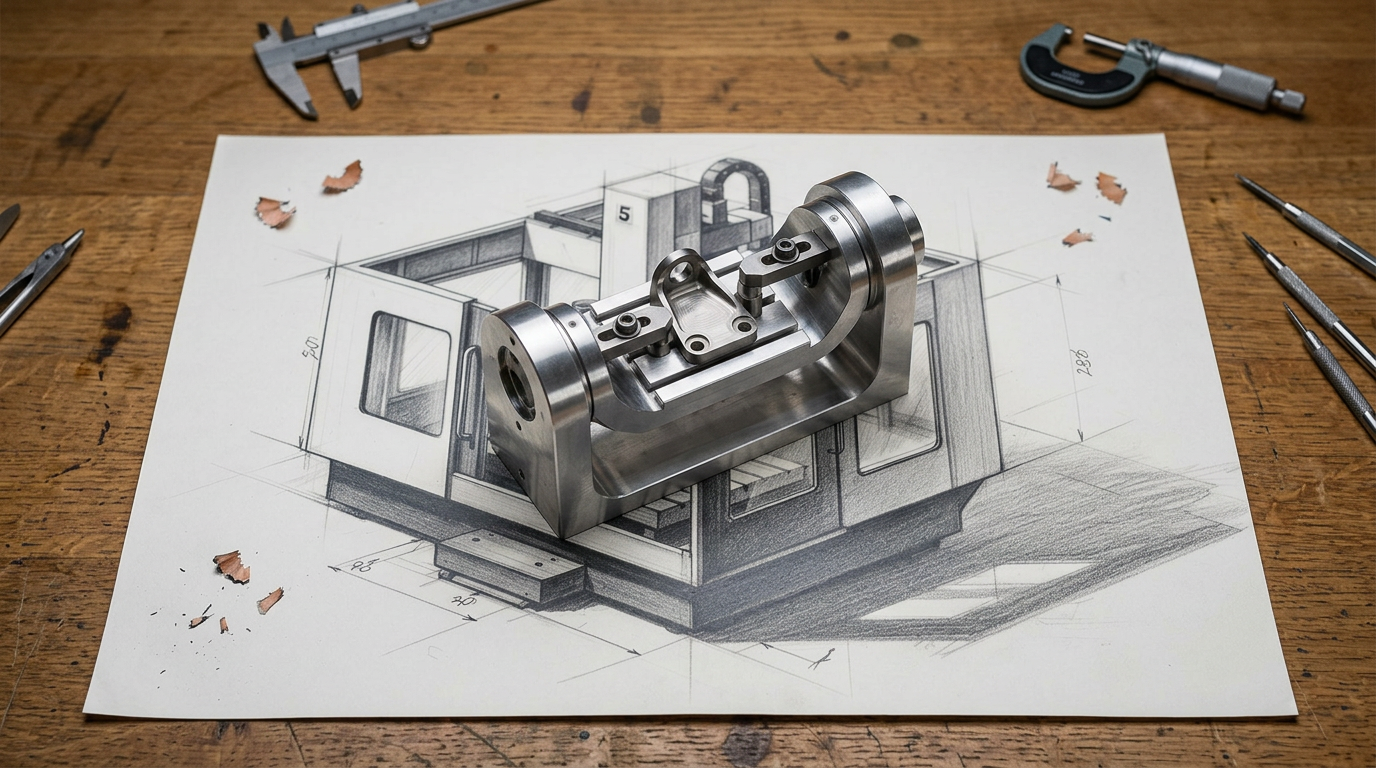 Graphite sketch of a vertical machining center and its fixture