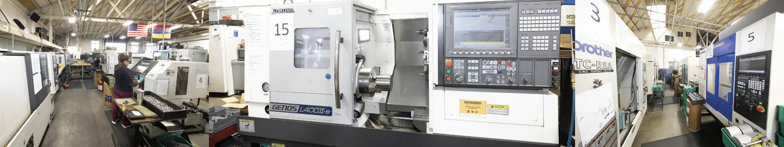 Okuma Genos L400II-e turning center and Brother TC-R2A tapping centers in production at RJ Enterprises
