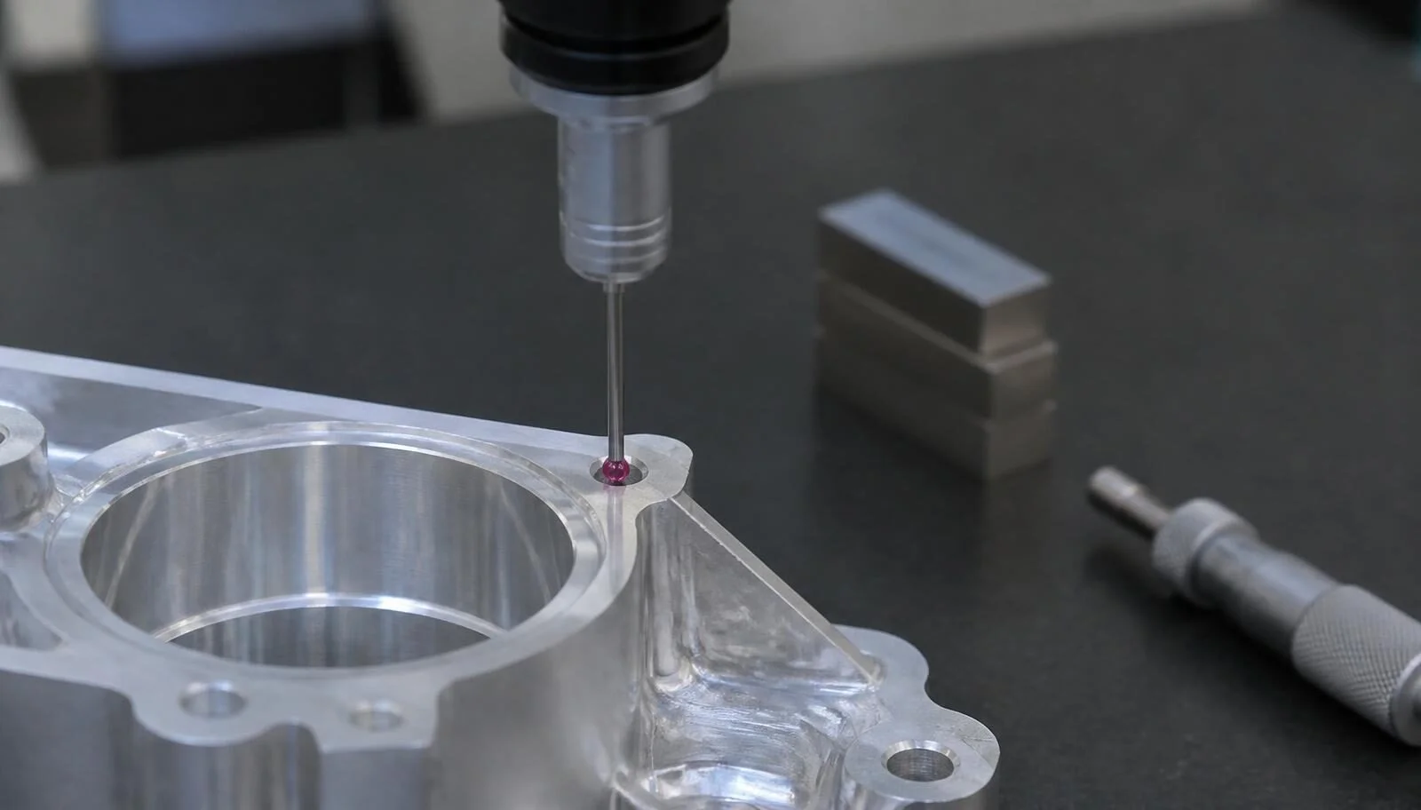 Close-up of a CMM ruby stylus probe measuring a machined aluminum part on a granite surface plate