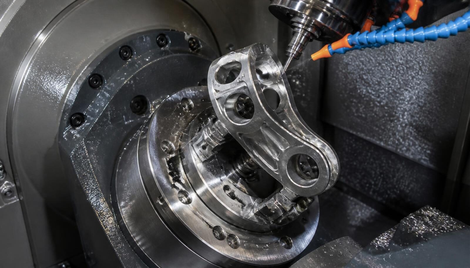 Close-up of an aluminum structural part clamped on a 5-axis trunnion table with an end mill engaged